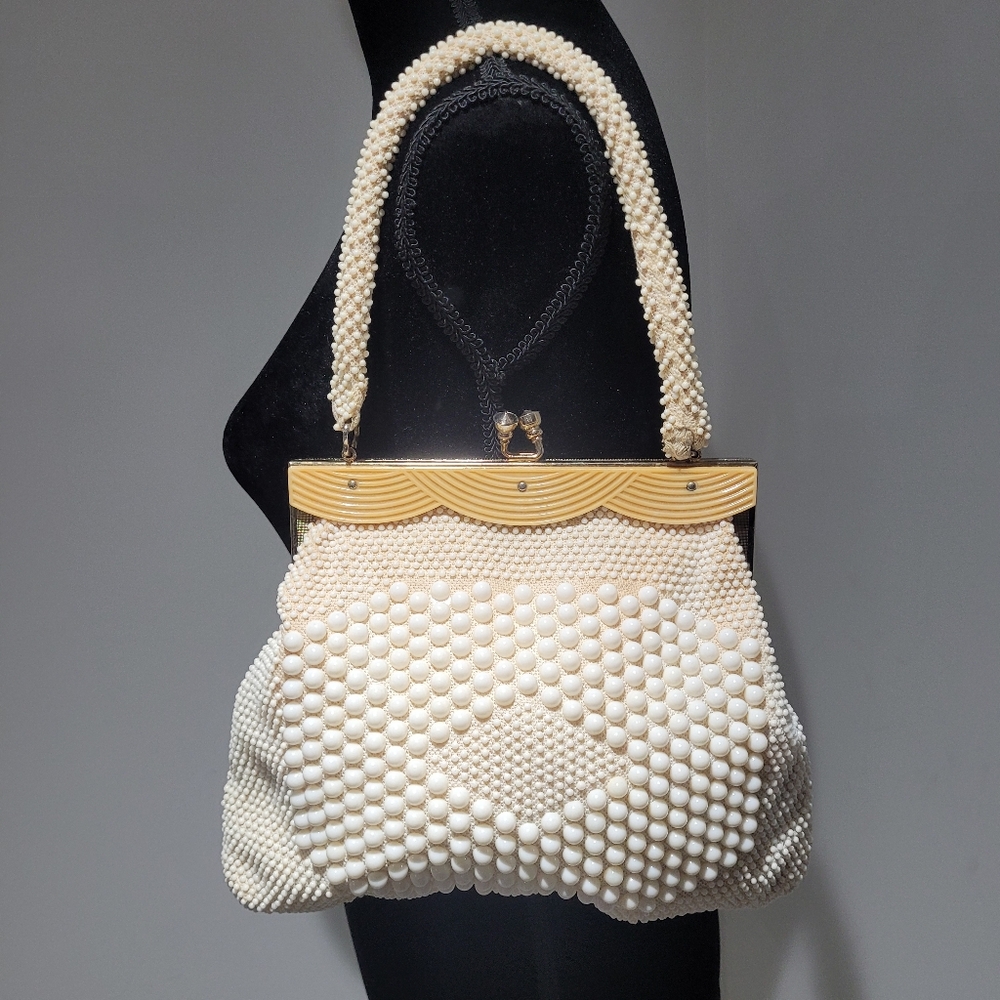 Stein Women's Vintage Beaded Handbag w/ Lucite Clasp Cream Hollywood Glam